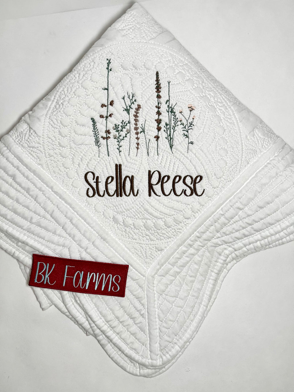 Brown Wildflower Personalized Heirloom Baby Quilt for Baby Girl
