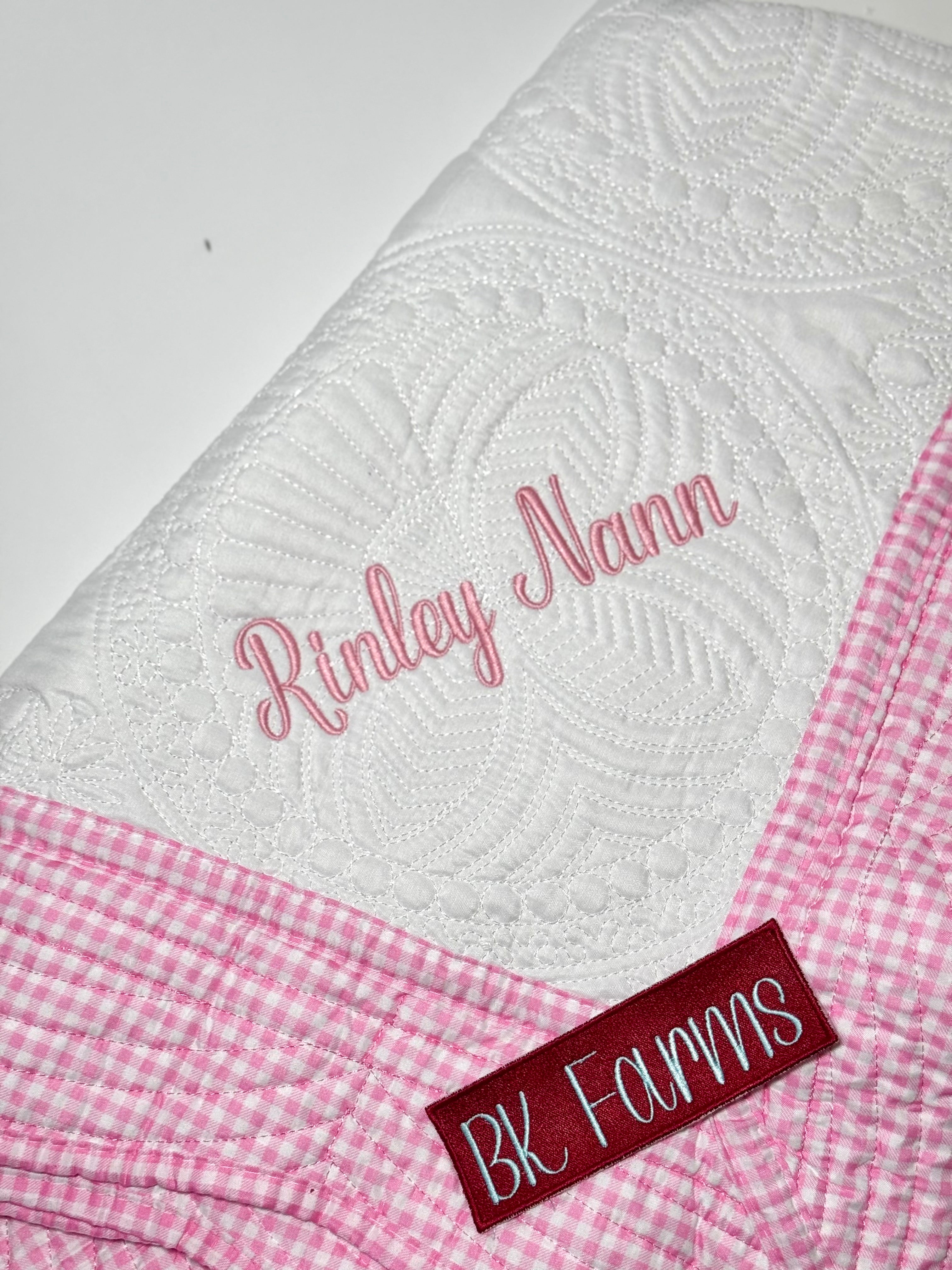 Pink Gingham Heirloom Baby quilt Personalized for Baby Girl