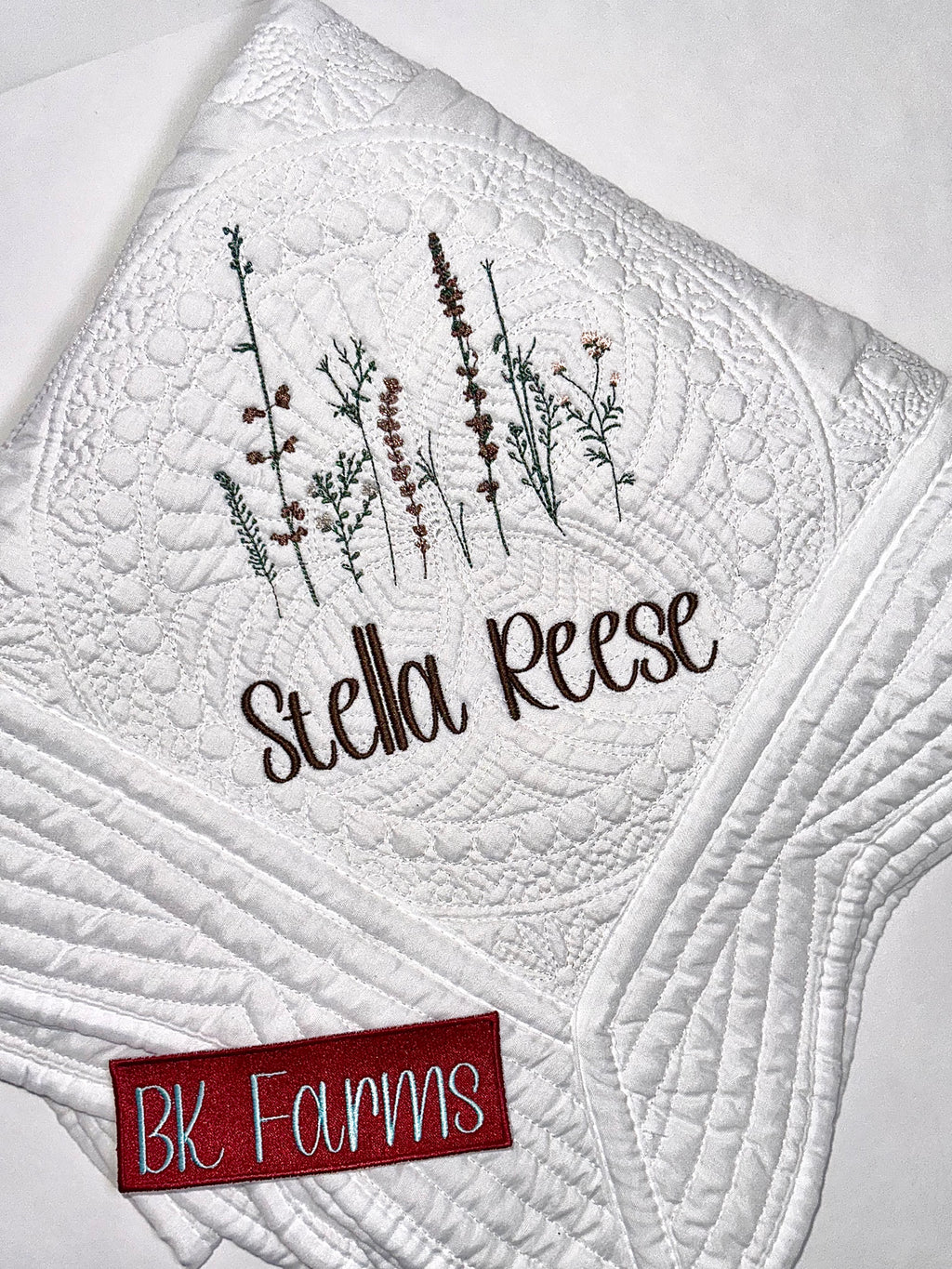 Brown Wildflower Personalized Heirloom Baby Quilt for Baby Girl