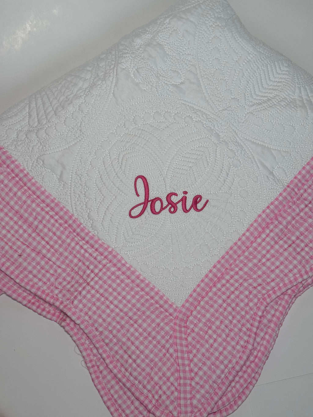 Pink Gingham Heirloom Baby Quilt