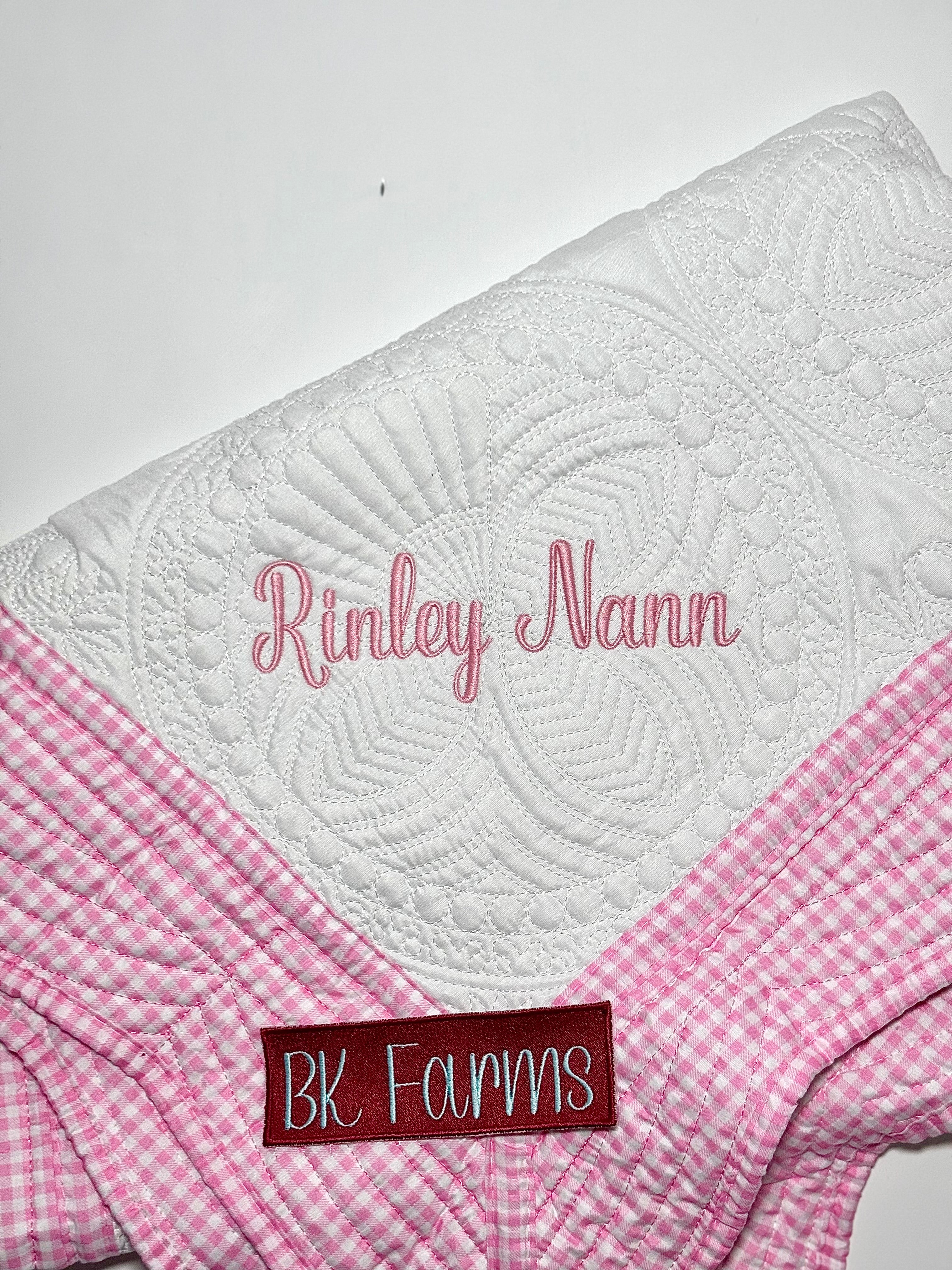 Pink Gingham Heirloom Baby quilt Personalized for Baby Girl
