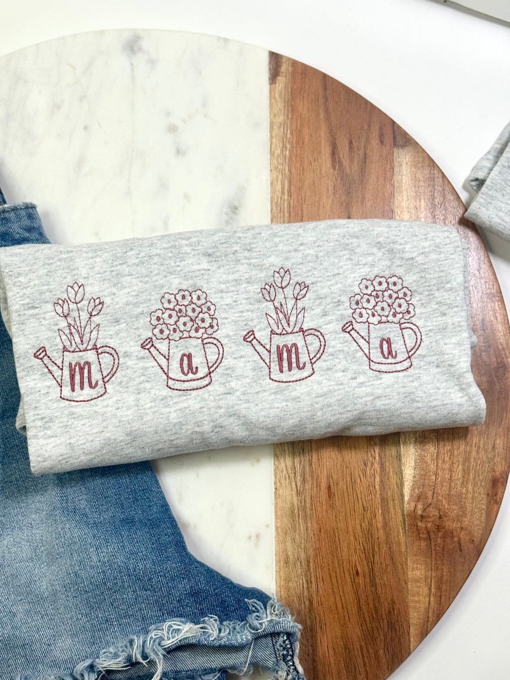 Mama flowers in watering cans tshirt, dusty blue or mauve thread