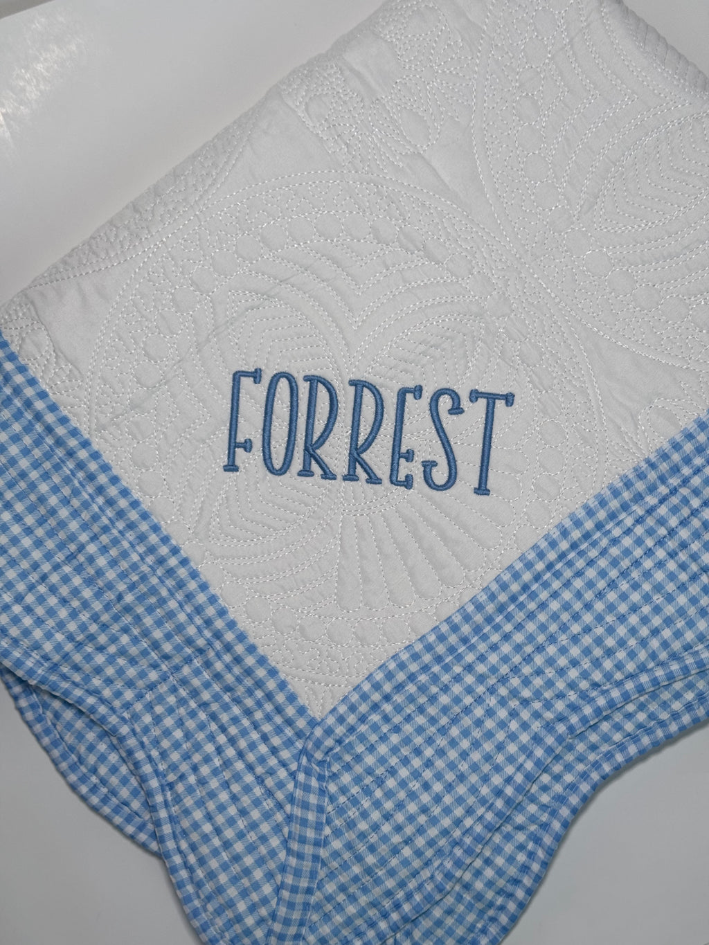 Blue Gingham Heirloom Baby Quilt