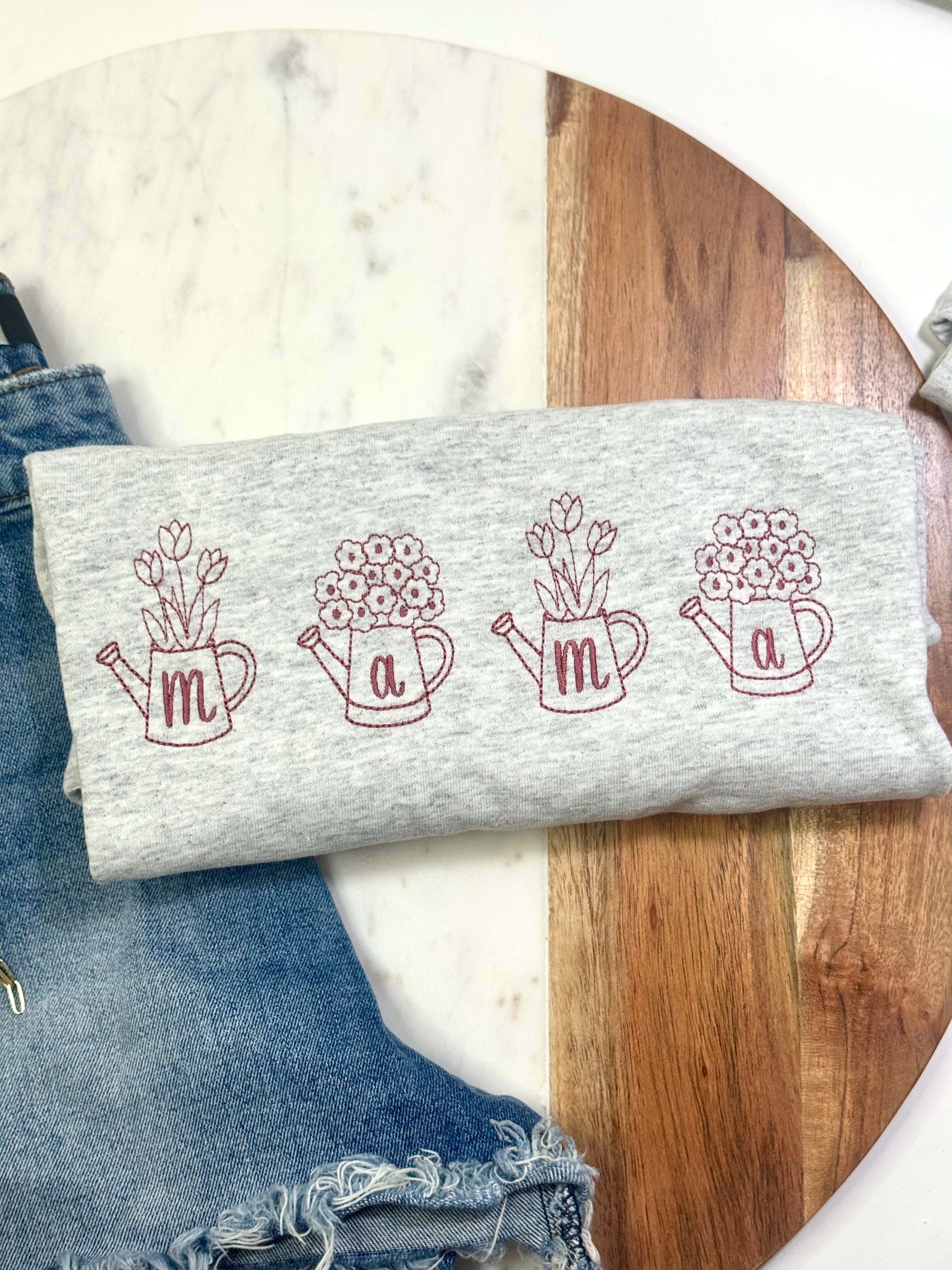 Mama flowers in watering cans tshirt, dusty blue or mauve thread