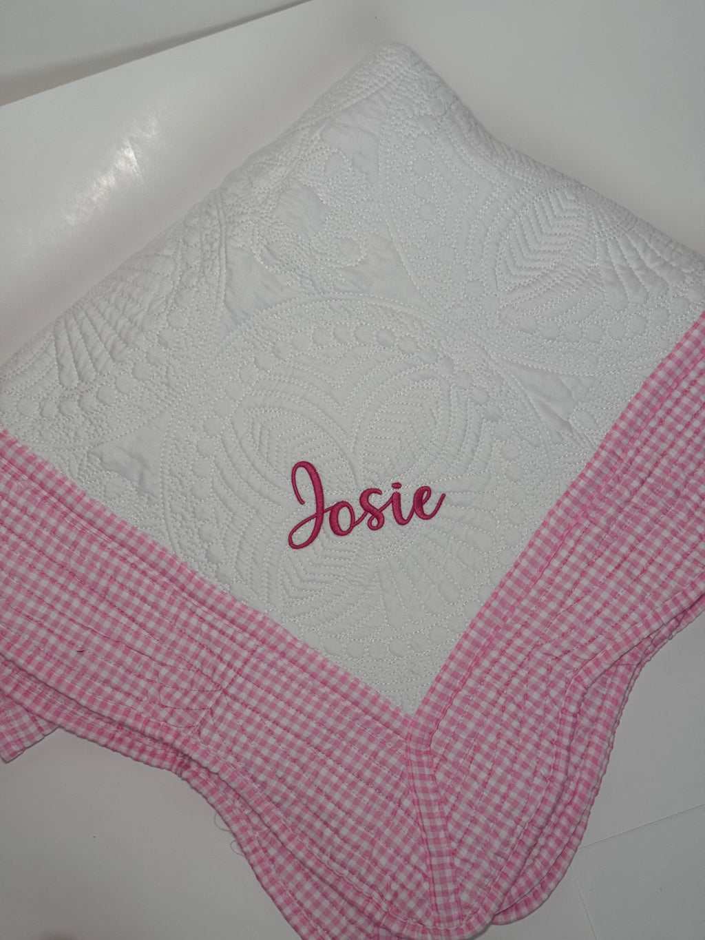 Pink Gingham Heirloom Baby Quilt