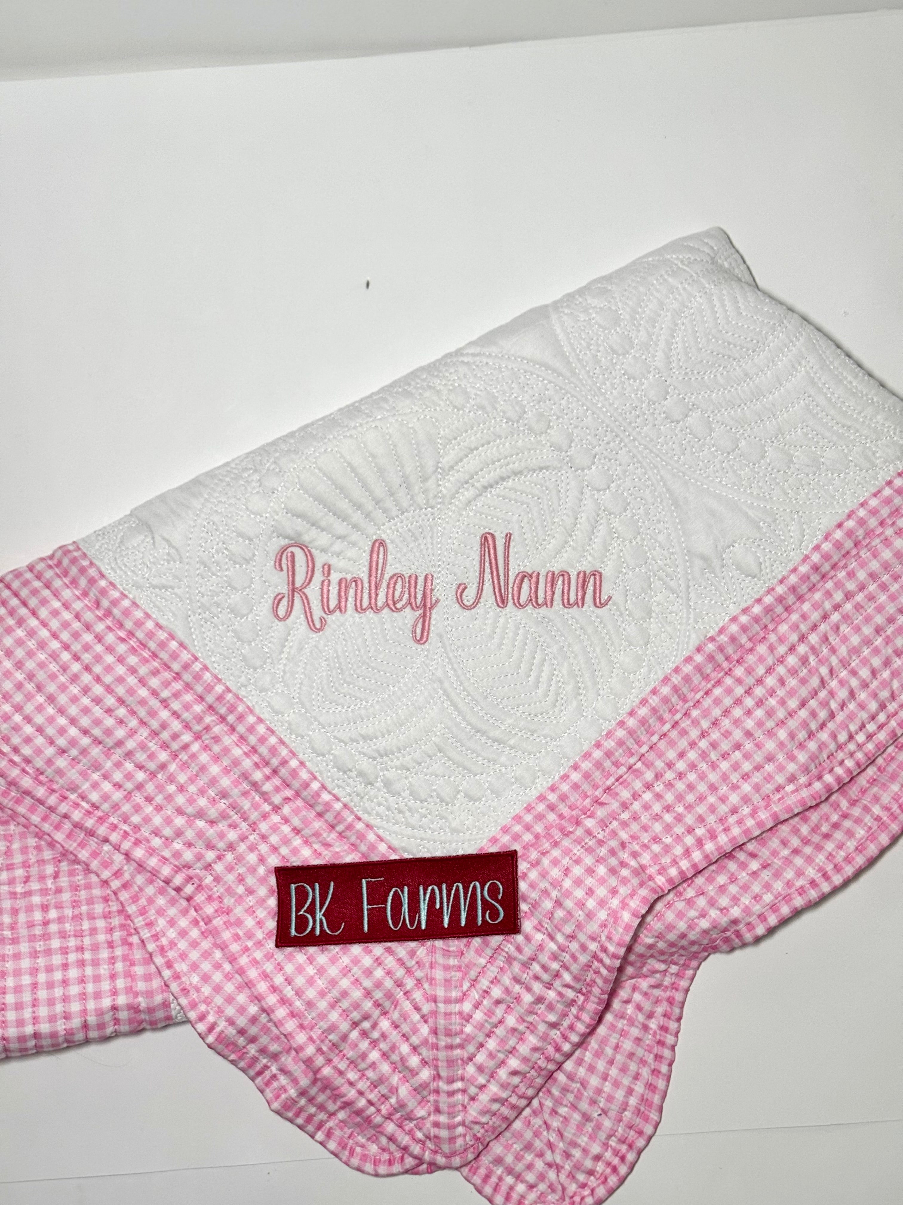 Pink Gingham Heirloom Baby quilt Personalized for Baby Girl