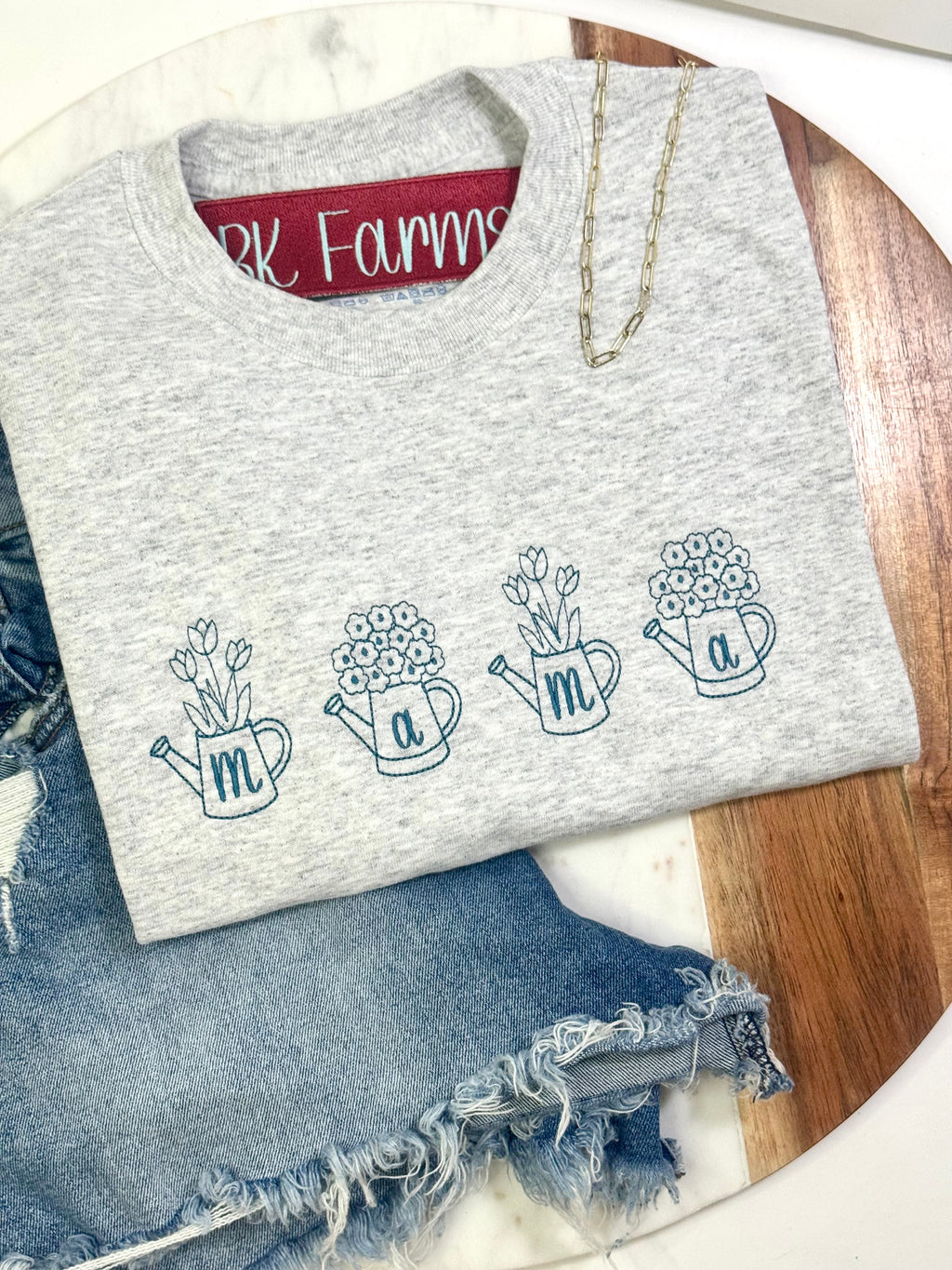 Mama flowers in watering cans tshirt, dusty blue or mauve thread