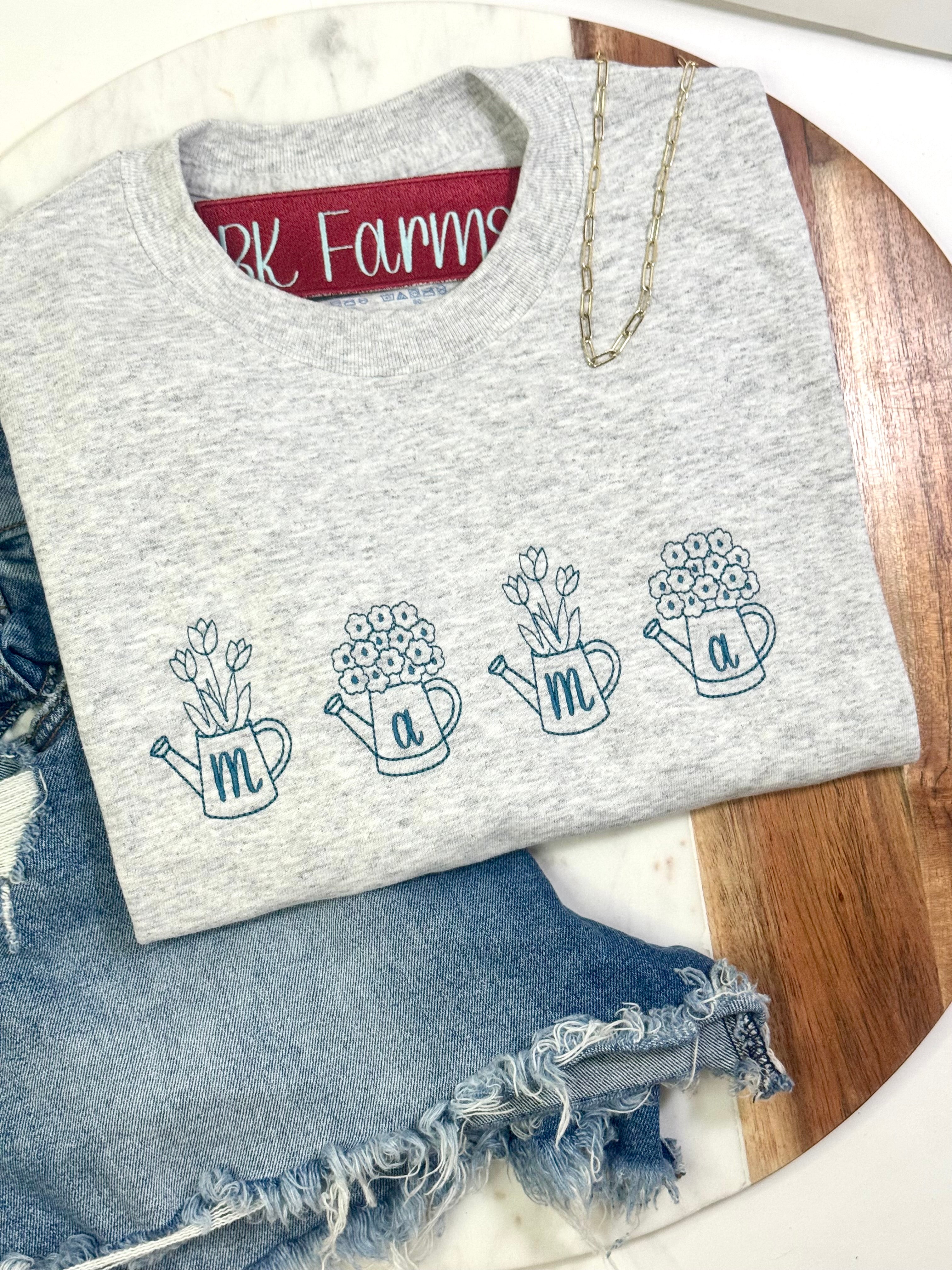 Mama flowers in watering cans tshirt, dusty blue or mauve thread
