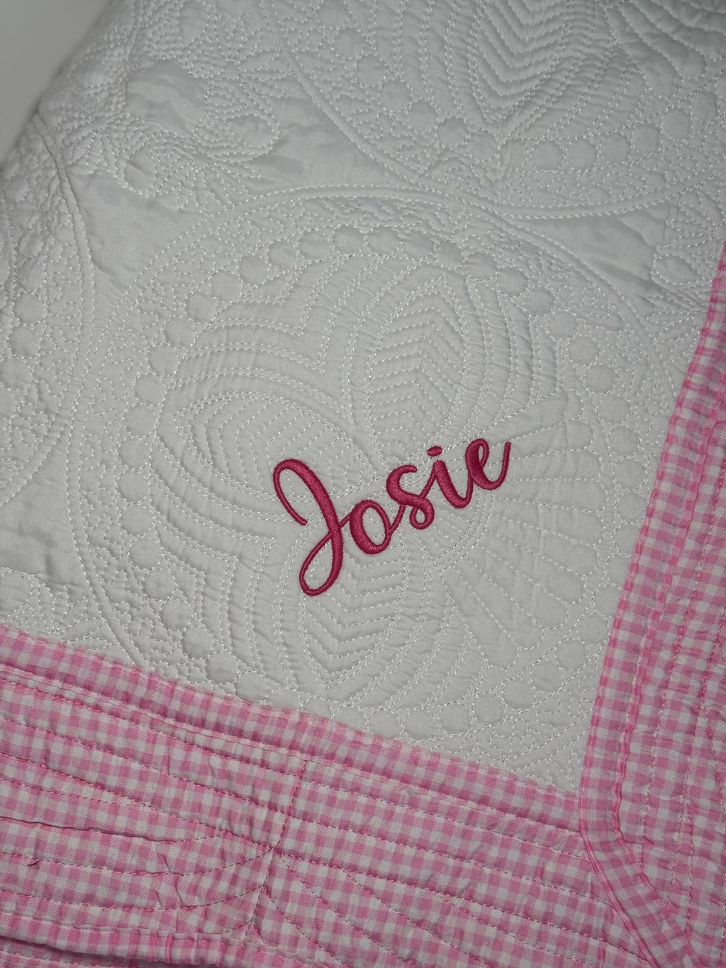 Pink Gingham Heirloom Baby Quilt