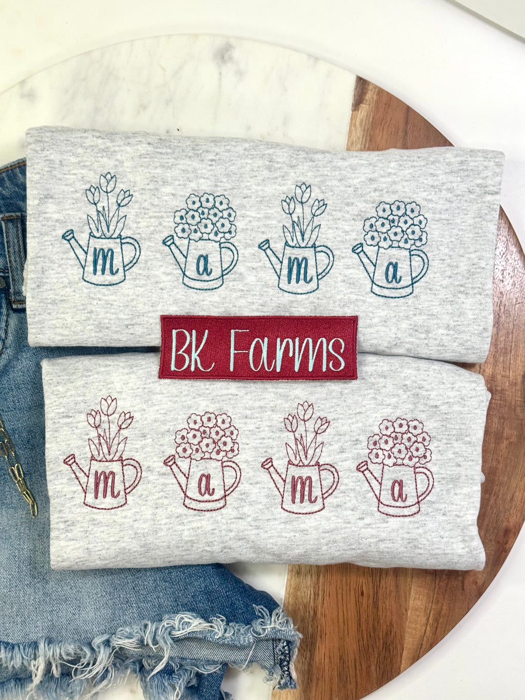 Mama flowers in watering cans tshirt, dusty blue or mauve thread