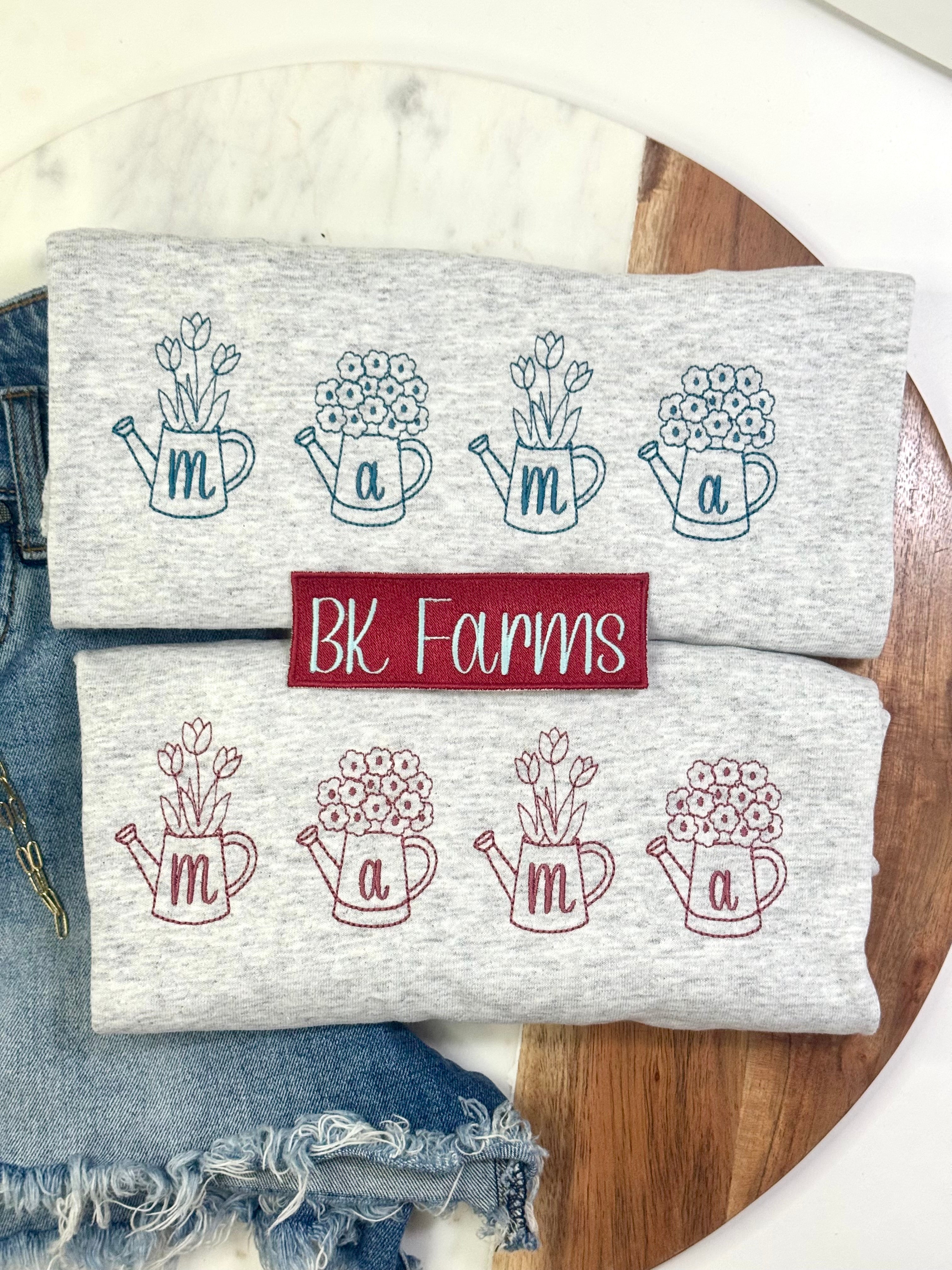 Mama flowers in watering cans tshirt, dusty blue or mauve thread