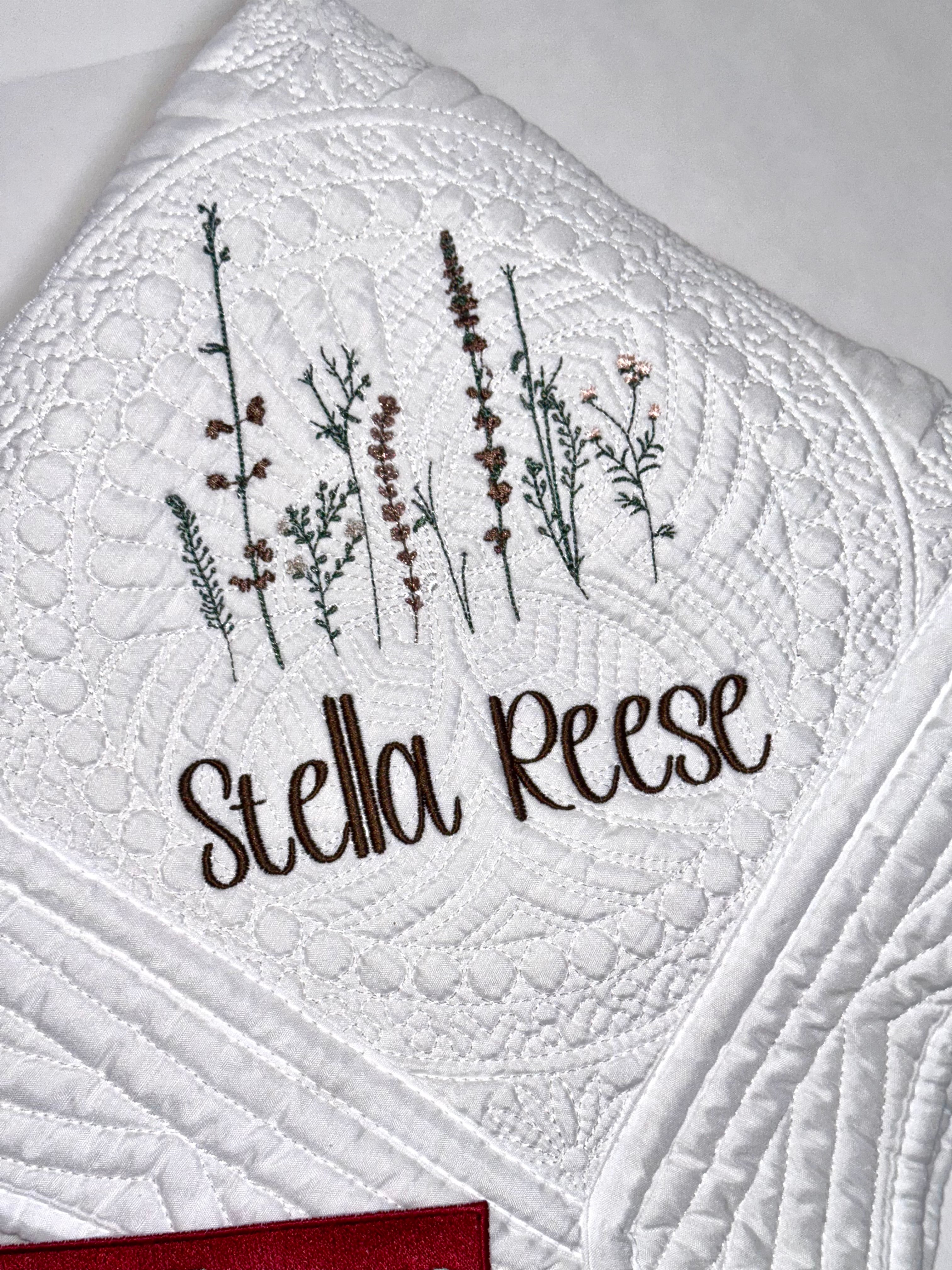 Brown Wildflower Personalized Heirloom Baby Quilt for Baby Girl