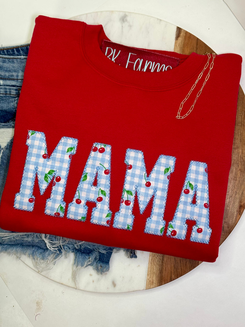 Cherry and gingham mama appliqué sweatshirt
