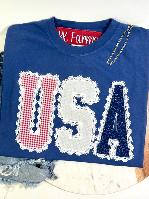 4th of July tshirt, USA tshirt with lace and embroidered appliqué