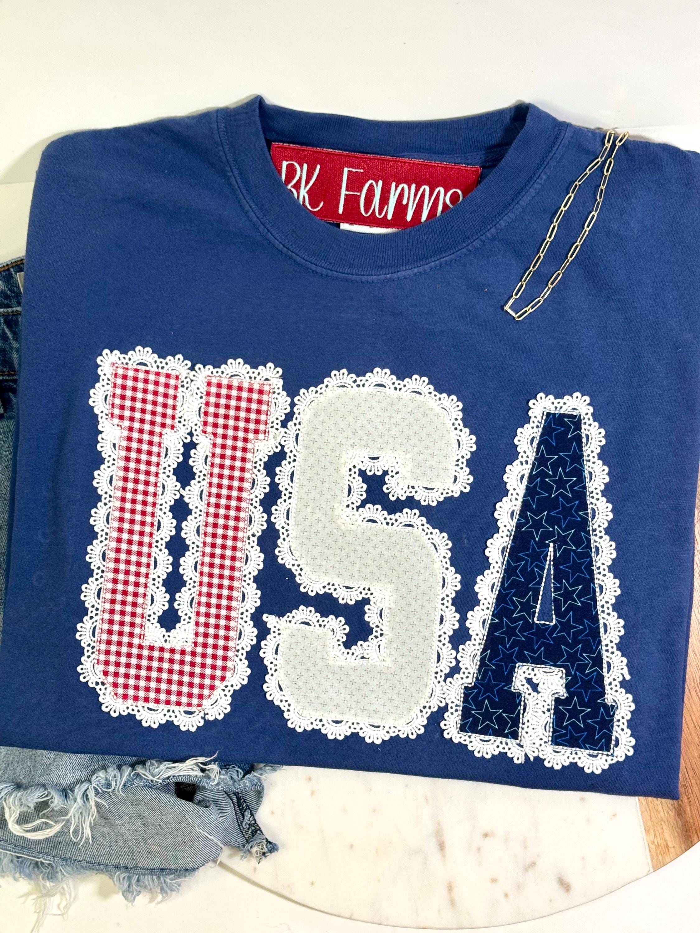 4th of July tshirt, USA tshirt with lace and embroidered appliqué