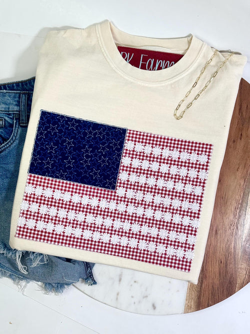 American flag with lace tshirt embroidered appliqué