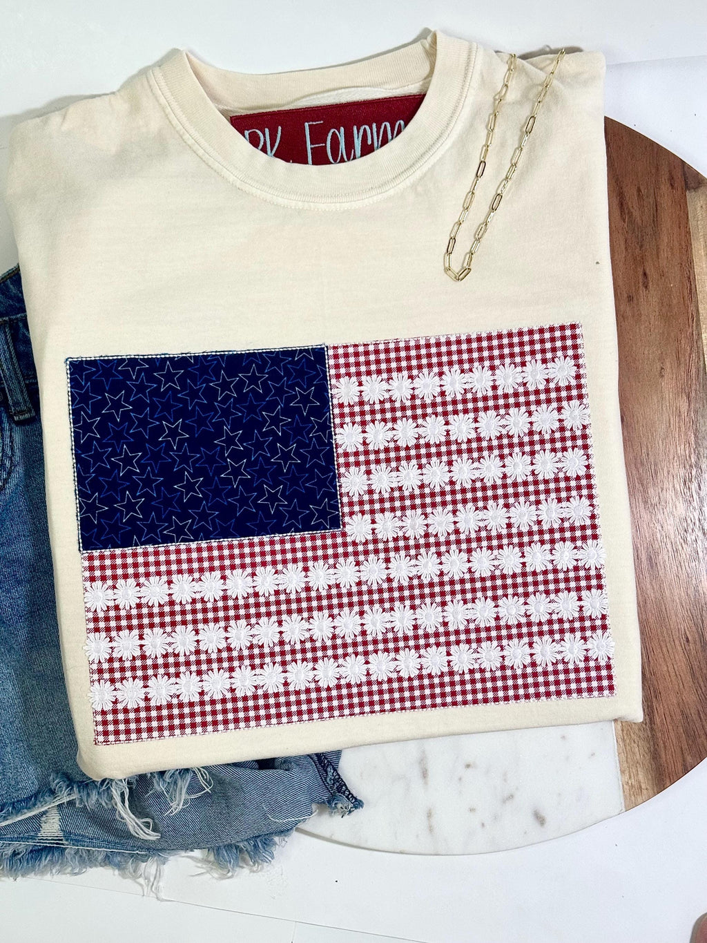 American flag with lace tshirt embroidered appliqué