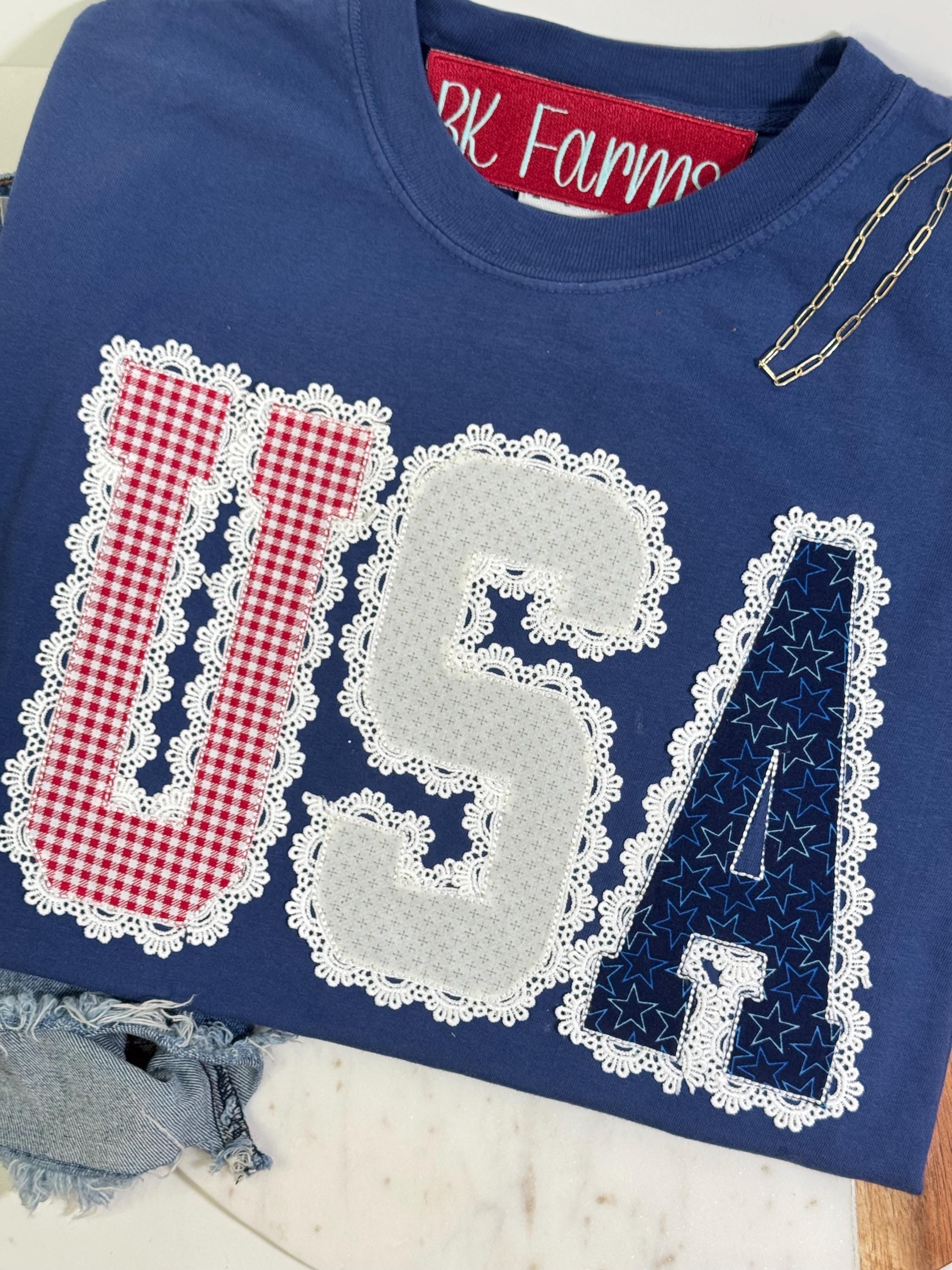 4th of July tshirt, USA tshirt with lace and embroidered appliqué
