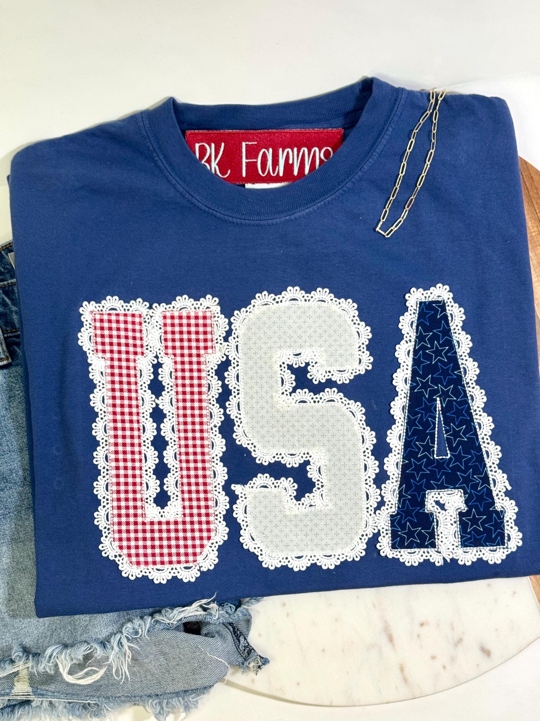 4th of July tshirt, USA tshirt with lace and embroidered appliqué