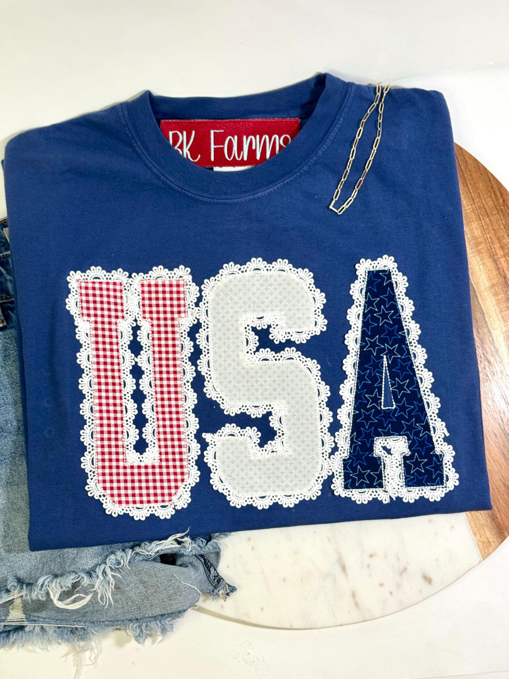 4th of July tshirt, USA tshirt with lace and embroidered appliqué