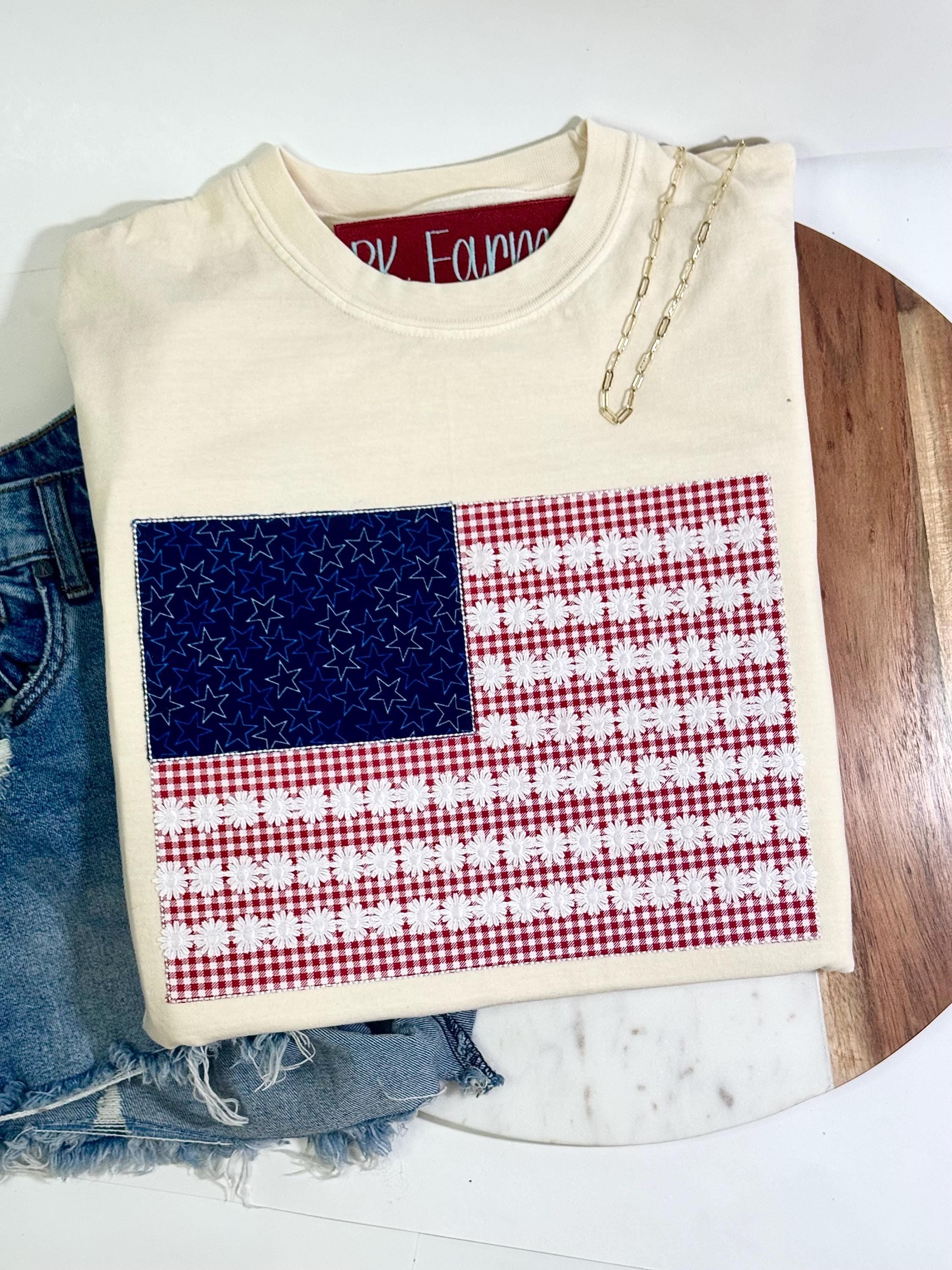 American flag with lace tshirt embroidered appliqué