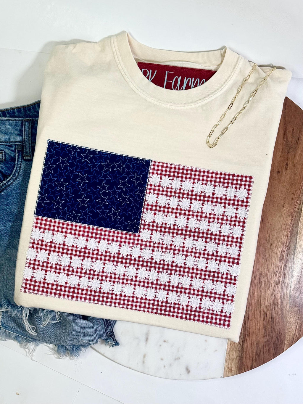 American flag with lace tshirt embroidered appliqué